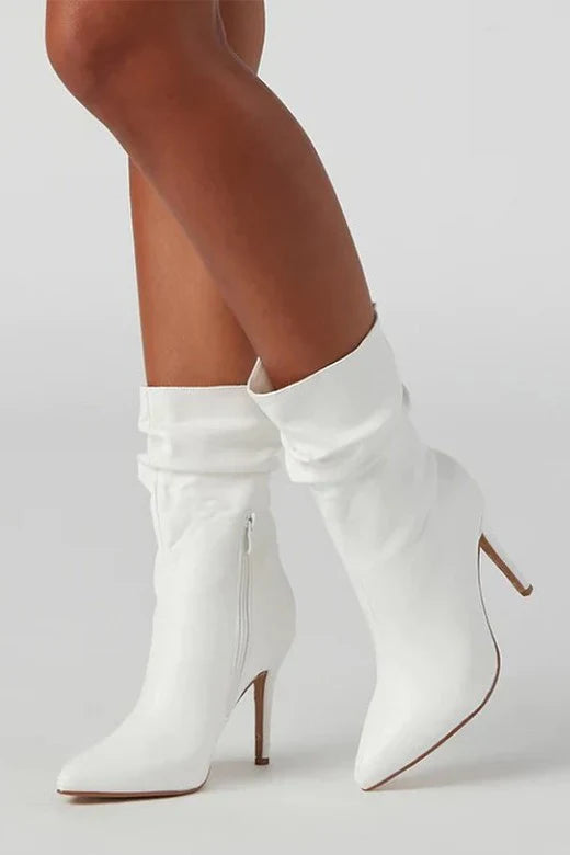 Ava Faux Leather Ruched High Heel Booties - White