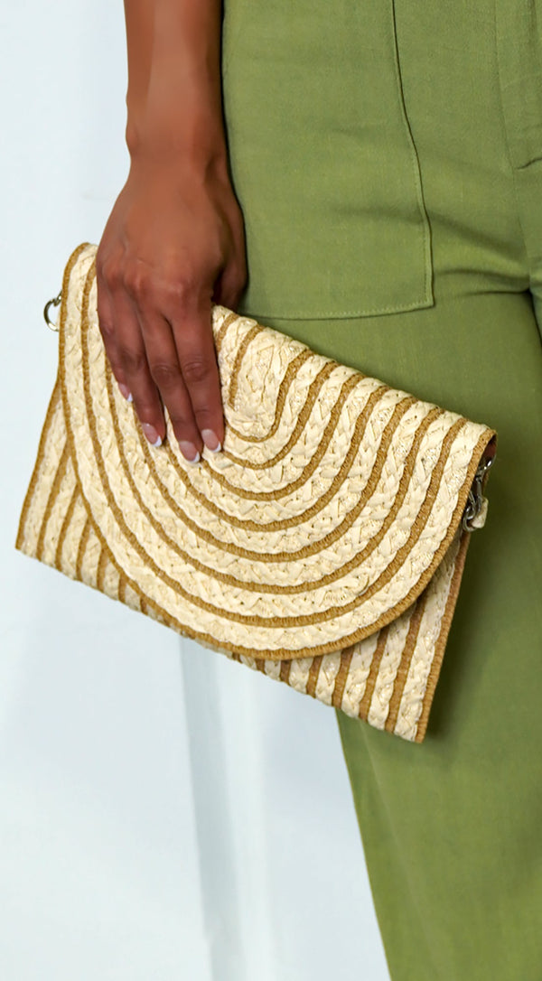 Rectangle Straw Striped Clutch Bag - Beige