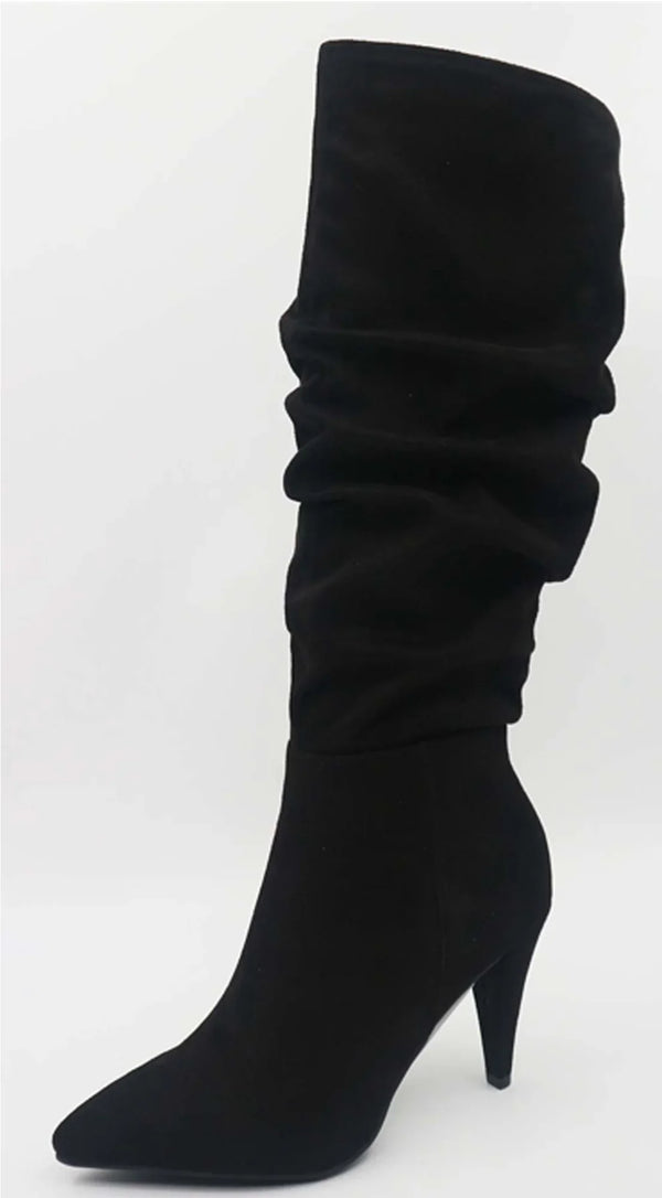 Camilla Ruched Faux Suede Knee High Boots - Black