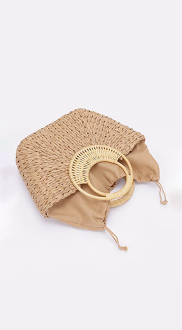 Summer Day Bamboo Handle Straw Bag - Khaki